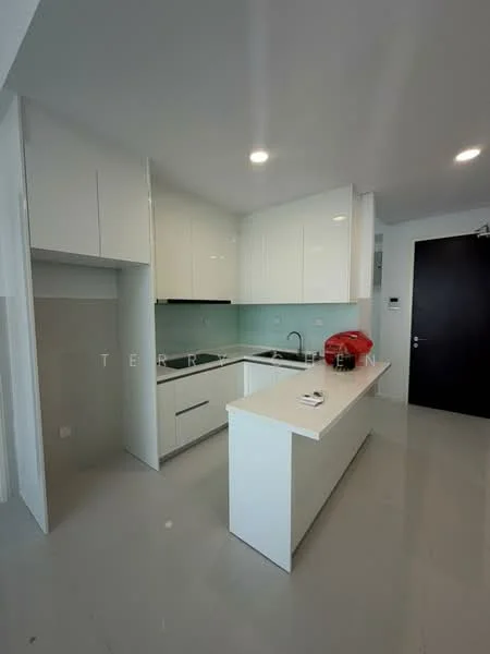 Kitchen features: white cabinetry, flat-panel cabinets, white countertop, single-bowl stainless-steel sink, chrome pull-down faucet, glass backsplash, built-in oven, induction cooktop, recessed downlights, grey tile flooring; style: modern.