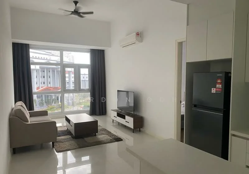 Living features: 3-seater fabric sofa in beige, coffee table, TV console, wall-mounted TV, area rug with geometric pattern, floor-to-ceiling windows, curtains, 1 wall-mounted split AC, polished tile flooring, white painted walls, ceiling fan; style: modern; view: garden.