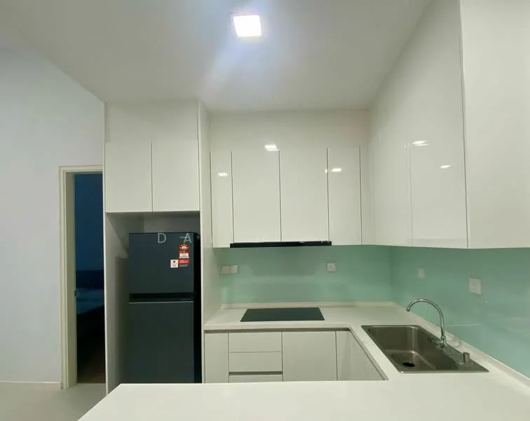 Kitchen features: white glossy cabinetry, stainless-steel sink, chrome pull-down faucet, black fridge, white countertop, glass backsplash in light green, built-in stove, recessed LED downlights, open shelving, tile flooring; style: modern.