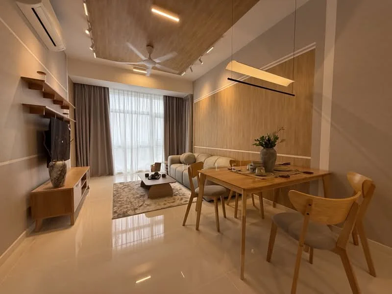Living features: 5-blade ceiling fan with light, wall-mounted TV, wooden feature wall, cream painted walls, large floor-to-ceiling windows, sheer curtains, light-colored sofa, coffee table, area rug, dining table with chairs, decorative vase, recessed downlights, polished tile flooring; style: modern.