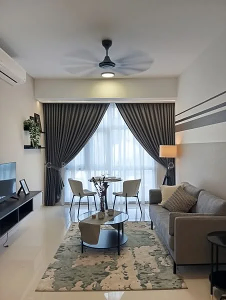 Living features: 3-seater fabric sofa in grey, coffee table, area rug with floral pattern, wall-mounted TV, TV console, 5-blade ceiling fan with integrated LED light, floor-to-ceiling windows, sheer curtains, decorative plant on shelf, side lamp, dining table for two; style: modern; view: city.