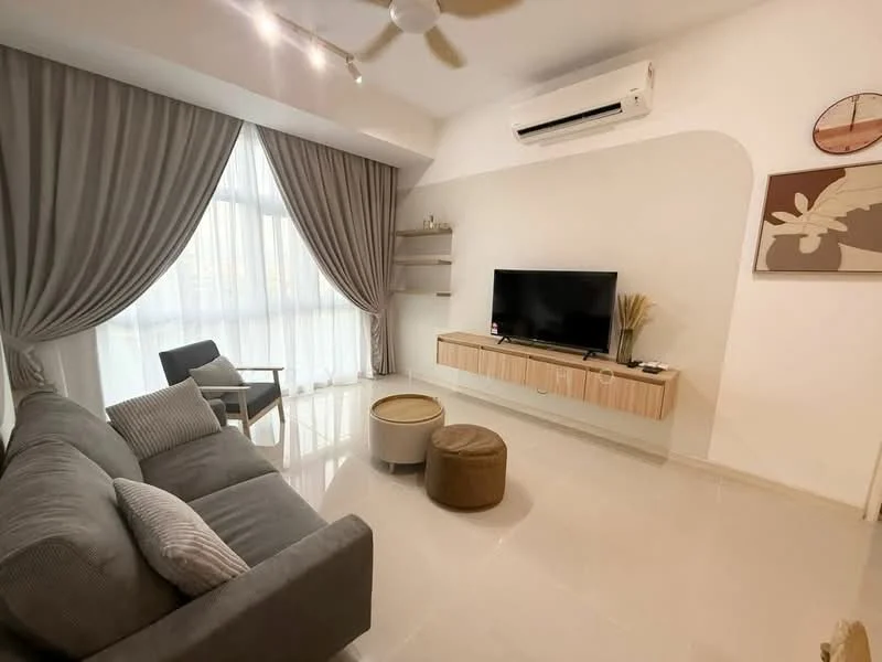 Living features: grey fabric 3-seater sofa, round ottoman in beige, round ottoman in cream, wall-mounted TV, light wood TV console, floor-to-ceiling windows with sheer curtains, recessed ceiling lights, ceiling fan, decorative wall art, shelf unit, glossy tile flooring, neutral wall colour, curtains in light grey; style: modern; view: city.