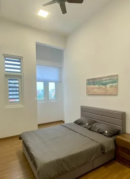 Bedroom features: king-size bed with grey upholstered headboard, grey bedding, wooden bedside table, 2 bedside lamps, floor-to-ceiling windows, roller blinds, light wood flooring, white painted walls, ceiling fan with light, decorative wall art; style: modern.