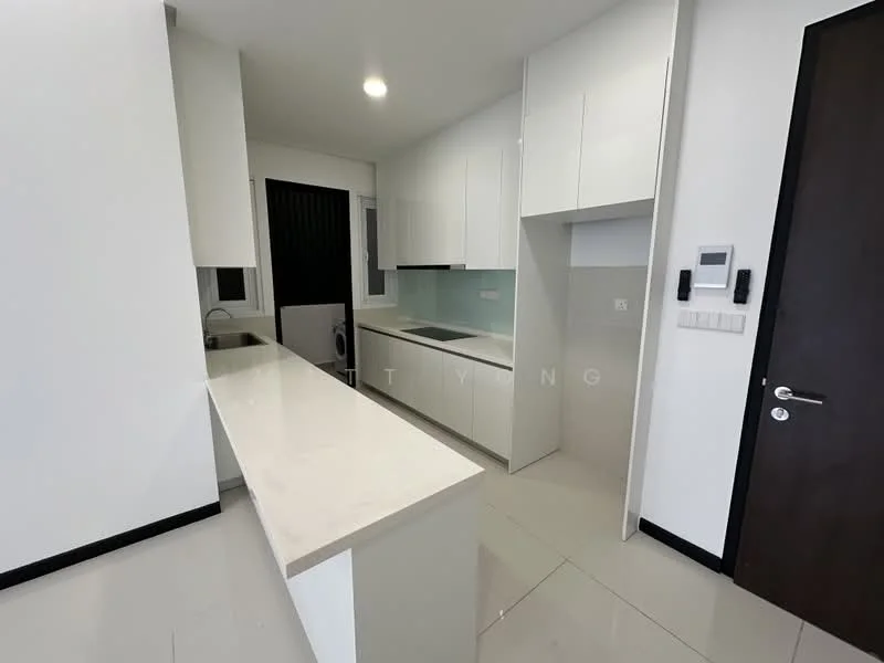Kitchen features: white cabinetry, marble countertop, single-bowl stainless-steel sink, chrome pull-down faucet, built-in oven, freestanding washing machine, ceramic tile flooring, recessed downlights, glass backsplash, open shelving, wall-mounted intercom, sliding door to outside; style: modern.
