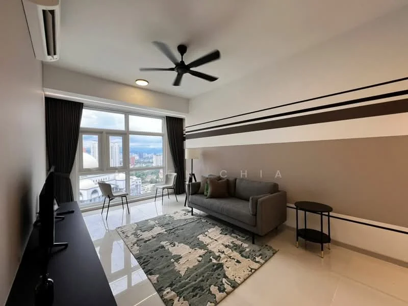Living features: 3-seater fabric sofa in grey, area rug with abstract pattern, wall-mounted TV, TV console, ceiling fan, floor-to-ceiling windows, curtains, decorative wall with horizontal stripes, light-colored tiled flooring, side table, wall sconce; style: modern; view: city.