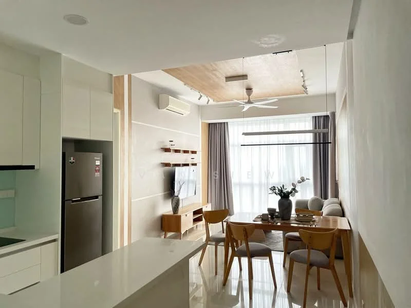 Kitchen features: white cabinetry, stainless-steel fridge, white countertop, built-in oven, ceramic tile backsplash, under-cabinet lighting; style: modern. Living features: sofa in beige fabric, wooden coffee table, TV console with wall-mounted TV, 5-blade ceiling fan, large windows with sheer curtains, decorative vase on table, area rug with geometric pattern, wall-mounted shelving unit; style: modern. Dining features: 6-seater dining table, wooden dining chairs, decorative centerpiece on table; style: modern.