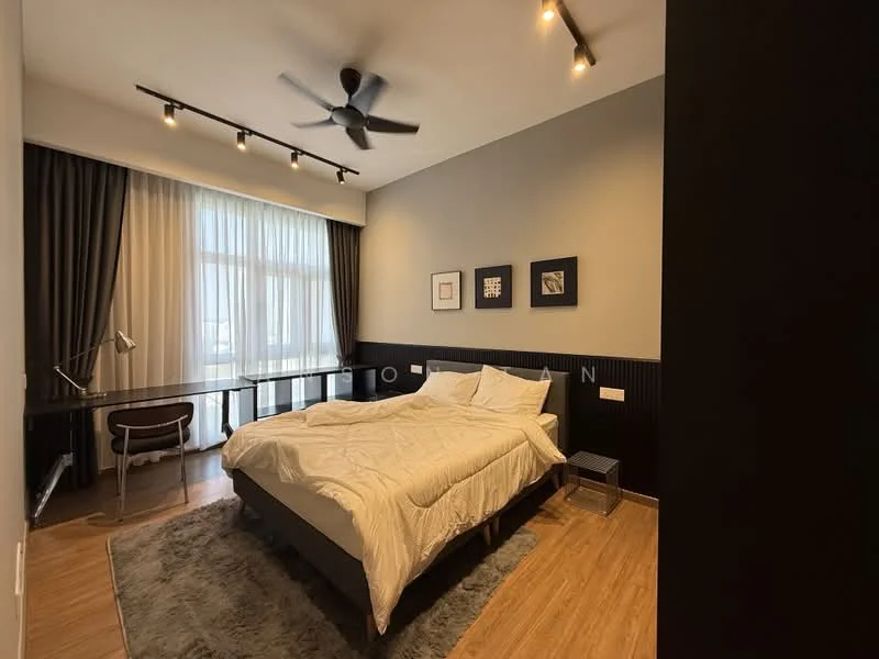 Bedroom features: king-size bed with white bedding, upholstered headboard, 2 bedside lamps, wooden flooring, 5-blade ceiling fan with light, floor-to-ceiling windows with sheer curtains, study desk with chair, decorative wall art, area rug with neutral color; style: modern.
