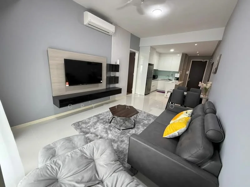 Living features: grey leather sofa, coffee table, area rug with geometric pattern, wall-mounted TV, TV console, 5-blade ceiling fan with light, white painted walls, light-colored flooring, recessed downlights, open layout to kitchen, decorative wall panel; style: modern.