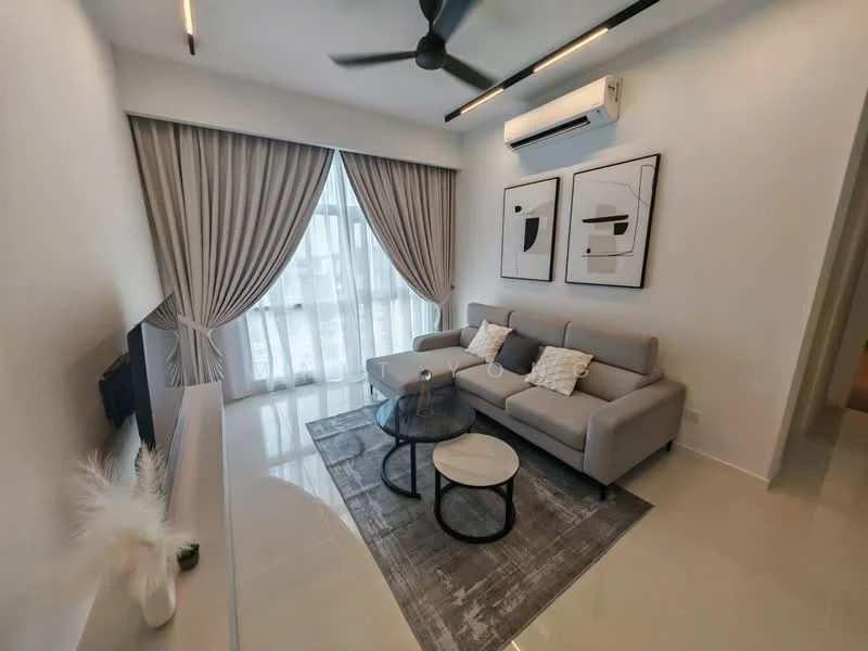 Living features: 3-seater fabric sofa in light grey, black coffee table, area rug with geometric pattern, wall-mounted TV, floor-to-ceiling windows, sheer curtains, black ceiling fan, recessed LED downlights, decorative wall art, light-coloured walls, polished tile flooring, built-in console shelf; style: modern; view: city.