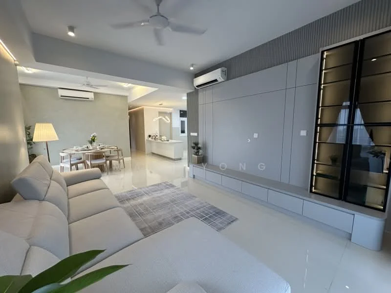 Living features: L-shape sectional sofa in light grey, area rug with geometric pattern, wall-mounted TV cabinet with glass shelves, recessed downlights, ceiling fan, white painted walls, polished tile flooring, large window with natural light; style: modern. Kitchen features: open-plan layout, kitchen island with seating, white cabinetry, stainless-steel appliances, recessed lighting, grey accent wall; style: modern.