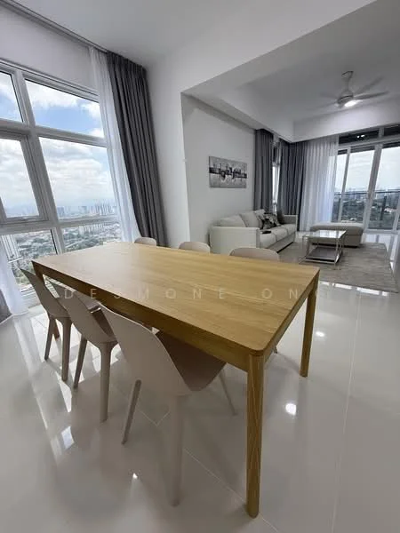 Dining features: wood dining table, 6-seater dining table, light-coloured dining chairs, floor-to-ceiling windows, city view, white walls, recessed downlights, polished tile flooring, curtains, open layout to living area; style: modern; view: city. Living features: 3-seater fabric sofa, coffee table, area rug, floor-to-ceiling windows, city view, white walls, recessed downlights, polished tile flooring, curtains; style: modern; view: city.