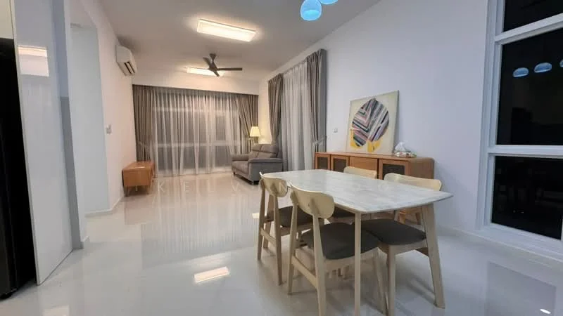 Dining features: marble flooring, white painted walls, recessed downlights, 5-blade ceiling fan, dining table with marble top, 4 upholstered dining chairs, sideboard cabinet, floor-to-ceiling windows with sheer curtains, sofa in grey fabric, decorative artwork on wall; style: modern.
