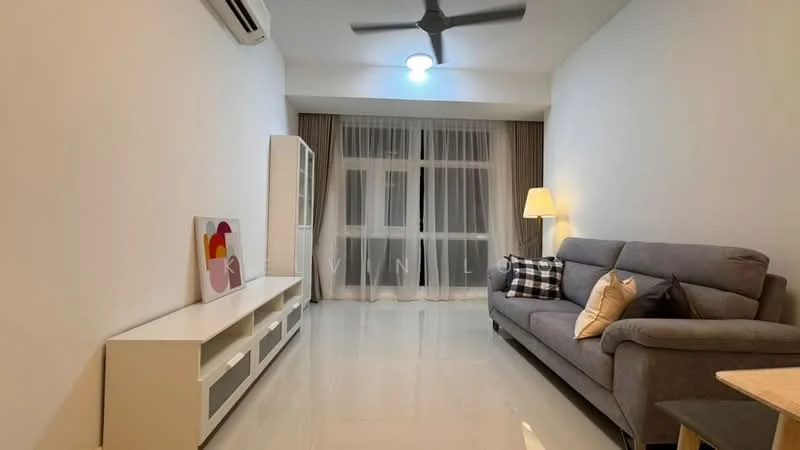 Living features: grey fabric sofa, white coffee table, TV console, floor-to-ceiling windows, sheer curtains, 5-blade ceiling fan with light, recessed downlights, polished tile flooring, decorative wall art, area rug, lamp, throw pillows; style: modern.