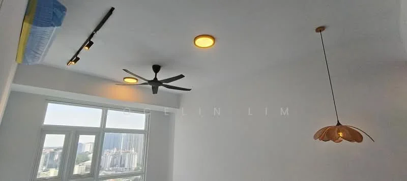 Room features: white painted walls, ceiling with recessed downlights, 5-blade ceiling fan, pendant lamp with floral design, floor-to-ceiling windows, city view; style: modern; view: city.