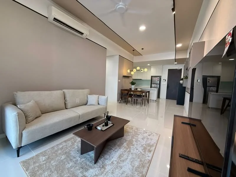 Living features: 3-seater fabric sofa in beige, wooden coffee table, area rug with geometric pattern, wall-mounted TV, ceiling fan, recessed downlights, white painted walls, glossy tile flooring, open-plan layout to kitchen, decorative wall panel, sliding glass door, greenery view from window; style: modern; view: garden.