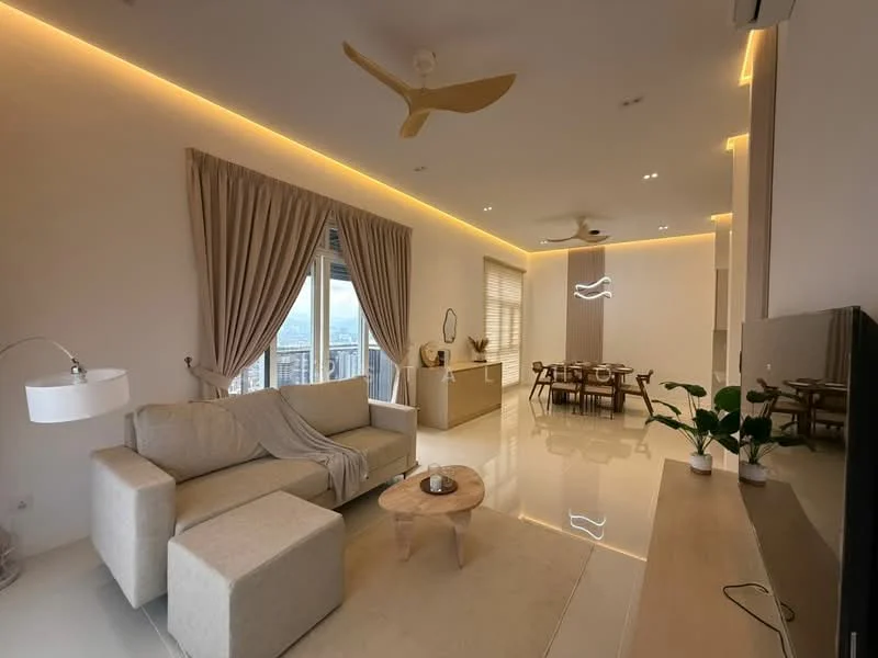 Living features: 3-seater fabric sofa in light beige, ottoman, wooden coffee table, area rug, floor-to-ceiling windows, sheer curtains, recessed LED downlights, ceiling fan with wooden blades, wall-mounted TV, decorative wall art, potted plants, dining area visible in background; style: modern; view: city.