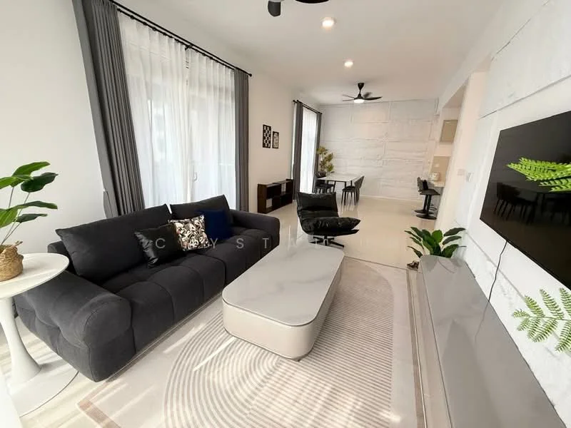 Living features: grey fabric sofa, coffee table with glossy surface, area rug with geometric pattern, floor-to-ceiling windows with sheer curtains, black ceiling fan, wall-mounted TV, decorative wall with stone cladding, potted houseplants, black dining chairs, wooden dining table, study desk with chair; style: modern.