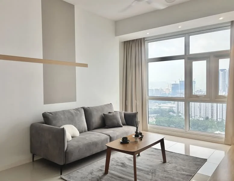 Living features: grey fabric sofa, wood coffee table, area rug, floor-to-ceiling windows, sheer curtains, white painted walls, light-colored flooring, ceiling fan; style: modern; view: city.