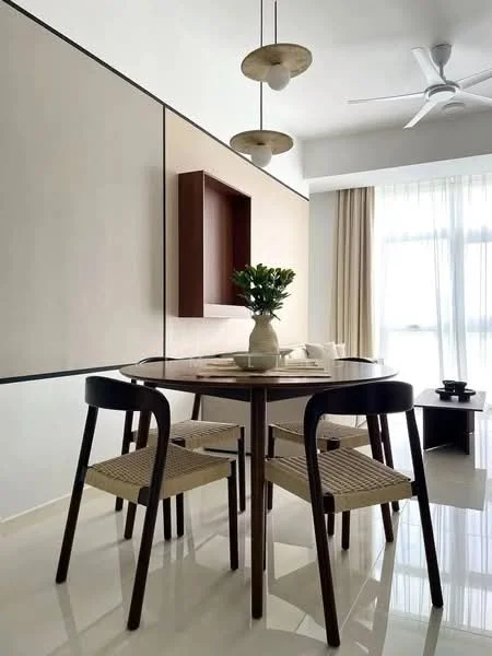Dining features: round dining table, 4 dining chairs with woven seats, white vase with greenery, pendant lights, ceiling fan, light-colored walls, large window with sheer curtains, glossy tile flooring; style: modern.
