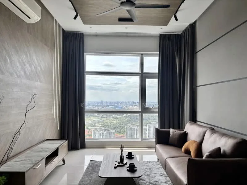 Living features: floor-to-ceiling windows, grey accent wall, white painted walls, marble tile flooring, 5-blade ceiling fan with light, sofa in brown leather, coffee table, area rug, curtains in dark grey, TV console, decorative plant, decorative items on coffee table; style: modern; view: city.