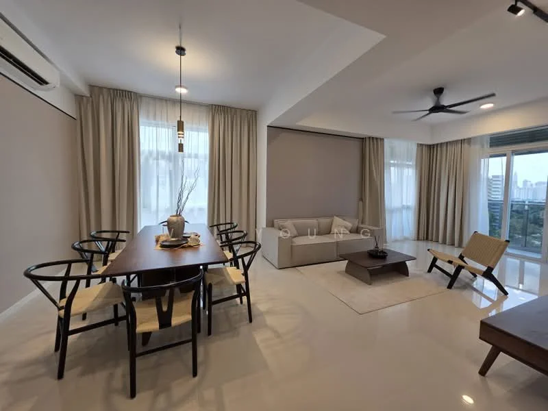 Living features: floor-to-ceiling windows, sheer curtains, 3-blade ceiling fan, recessed downlights, light-coloured walls, white tiled flooring, sofa in light grey, coffee table, area rug, decorative vase on table, dining table with 6 chairs, wall-mounted air conditioning unit; style: modern; view: city.