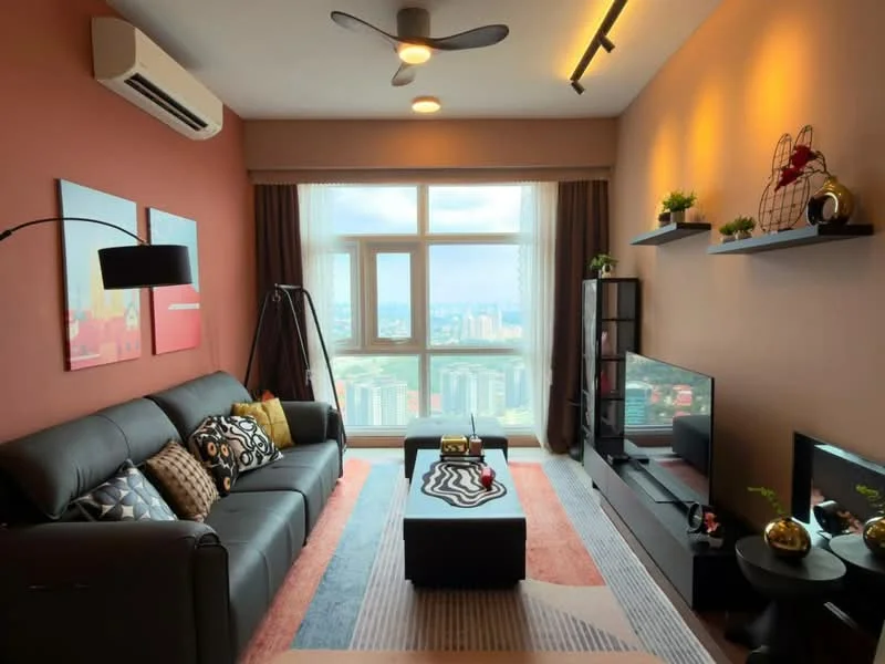 Living features: 3-seater leather sofa in black, decorative cushions in various patterns, coffee table with geometric design, wall-mounted TV, TV console in black, floor lamp with adjustable arm, ceiling fan with integrated light, air conditioning unit on wall, large window with city view, curtains in neutral color, decorative wall art in red and beige, shelves with decorative plants and items, area rug with abstract pattern, light fixture mounted on wall; style: modern; view: city.