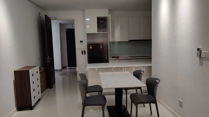 Dining features: marble dining table, 4 dining chairs, white painted walls, glossy tile flooring, built-in kitchen cabinetry, stainless-steel refrigerator, built-in oven, kitchen countertop, open layout, recessed lighting; style: modern. Room features: white painted walls, glossy tile flooring, doorway to hallway, doorway to kitchen area.