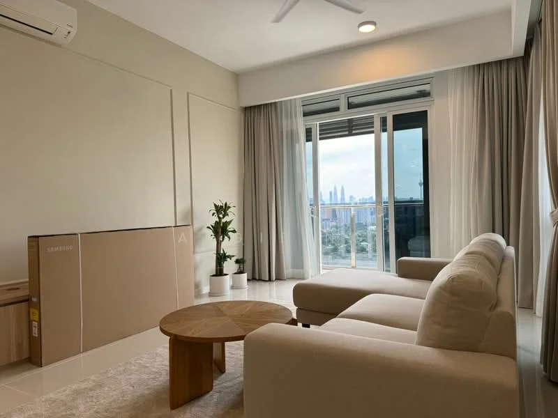 Living features: sofa in cream fabric, round wooden coffee table, floor-to-ceiling windows, sheer curtains, city skyline view, light-colored walls, recessed downlights, 5-blade ceiling fan, light-colored flooring, potted plant, TV console, cardboard box; style: modern; view: city.