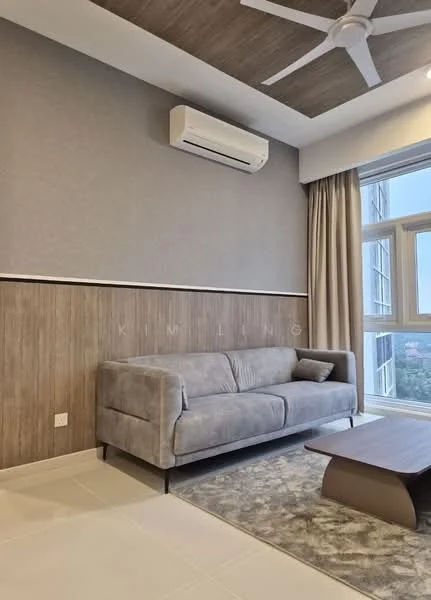 Living features: grey fabric sofa, area rug with geometric pattern, wall-mounted split AC, recessed downlights, wood panel accent wall, light grey painted walls, floor-to-ceiling windows, curtains, coffee table, ceiling fan; style: modern; view: city.