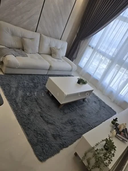 Living features: 3-seater fabric sofa in white, coffee table in white, area rug in grey, floor-to-ceiling windows, sheer curtains, decorative plants, wall-mounted TV unit, light-colored walls, recessed lighting; style: modern.