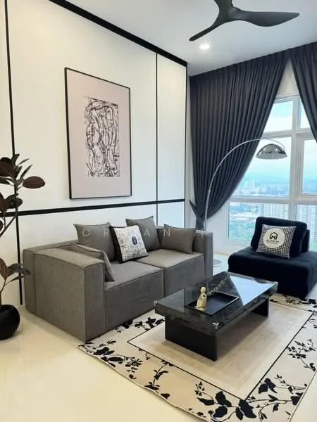 Living features: 3-seater fabric sofa in grey, black and white patterned throw pillow, black armchair with white cushion, black coffee table with marble top, area rug with floral pattern, floor-to-ceiling windows, curtains in dark grey, wall-mounted artwork, ceiling fan with light, decorative plant in pot, wall with black and white paneling; style: modern; view: city.