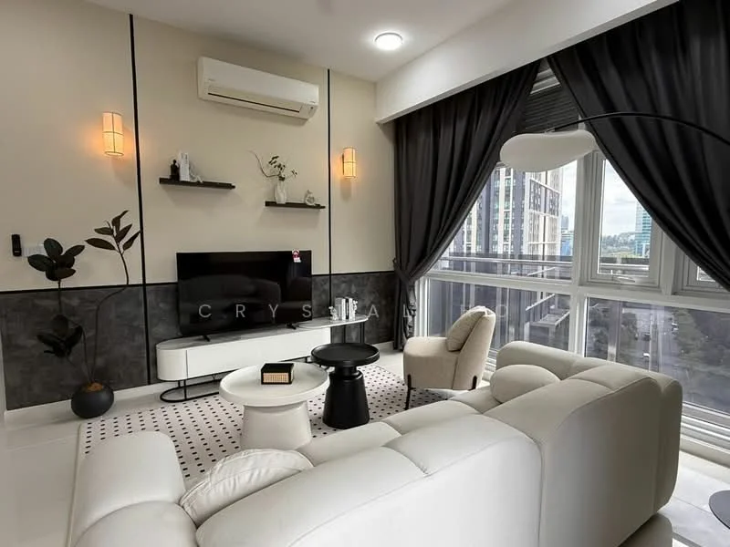 Living features: white leather sectional sofa, round coffee table, black accent table, wall-mounted TV, shelf with decorative items, floor-to-ceiling windows, black curtains, recessed ceiling lights, wall sconces, air conditioning unit, light-colored flooring, decorative plant in pot, area rug with geometric pattern; style: modern; view: city.