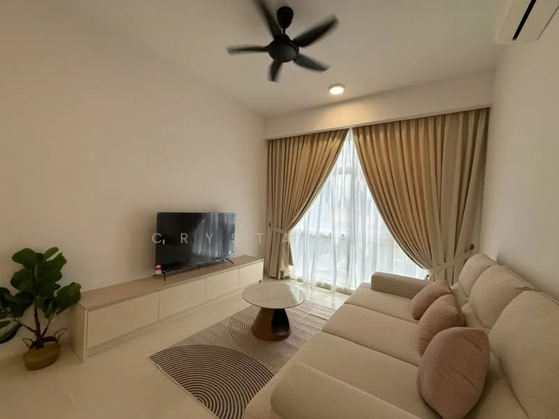 Living features: 3-seater fabric sofa in beige, 2 round cushions in pink, coffee table with wooden base and round top, TV console in light wood finish, wall-mounted flat-screen TV, floor-to-ceiling windows, sheer curtains, drapes in light brown, ceiling fan with 3 blades, recessed ceiling lights, decorative plant in ceramic pot, area rug with geometric pattern; style: modern.