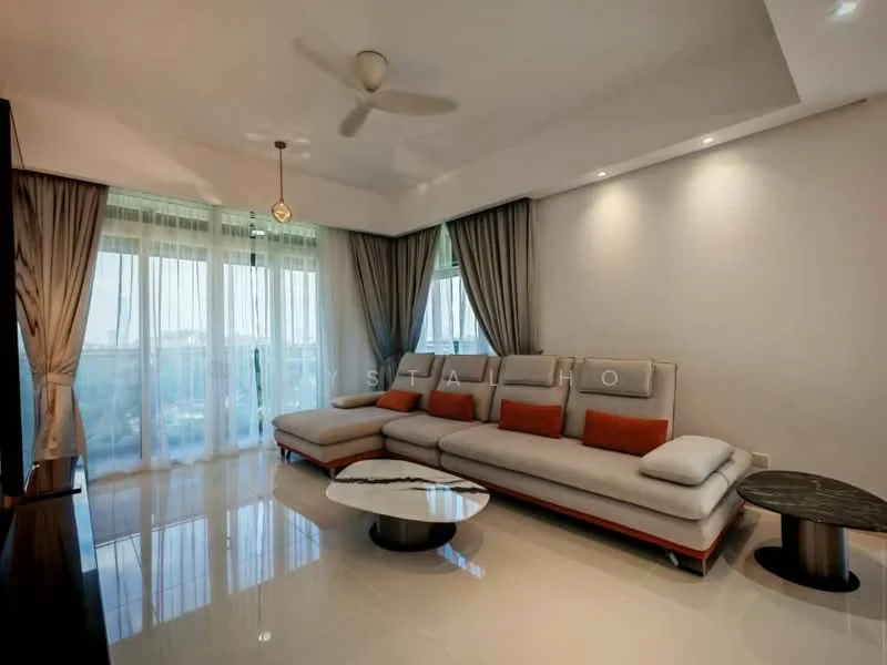 Living features: L-shape sectional sofa in light grey with orange cushions, round coffee table with black marble top, floor-to-ceiling windows with sheer curtains, recessed downlights, ceiling fan, glossy tile flooring, decorative wall with neutral tones, view of the city skyline; style: modern; view: city.
