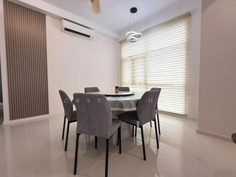 Dining features: round dining table, upholstered dining chairs in grey, 5-blade ceiling fan, recessed downlights, large window with sheer blinds, white painted walls, glossy tile flooring, decorative wall paneling; style: modern.