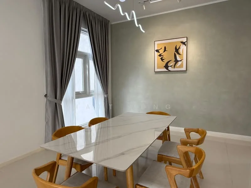 Dining features: marble dining table, 4 wooden dining chairs, grey painted walls, curtains in light grey, ceiling light fixture with wavy design, flooring in light tiles, framed artwork on wall; style: modern.
