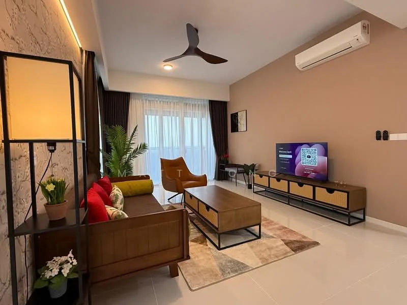 Living features: 3-seater fabric sofa in brown, wooden coffee table, TV console with storage, wall-mounted TV, area rug with geometric pattern, floor lamp, ceiling fan with light, air conditioning unit, large windows with sheer curtains, decorative houseplants, accent pillows in red, wall art, light-colored walls, glossy tile flooring; style: modern; view: city.