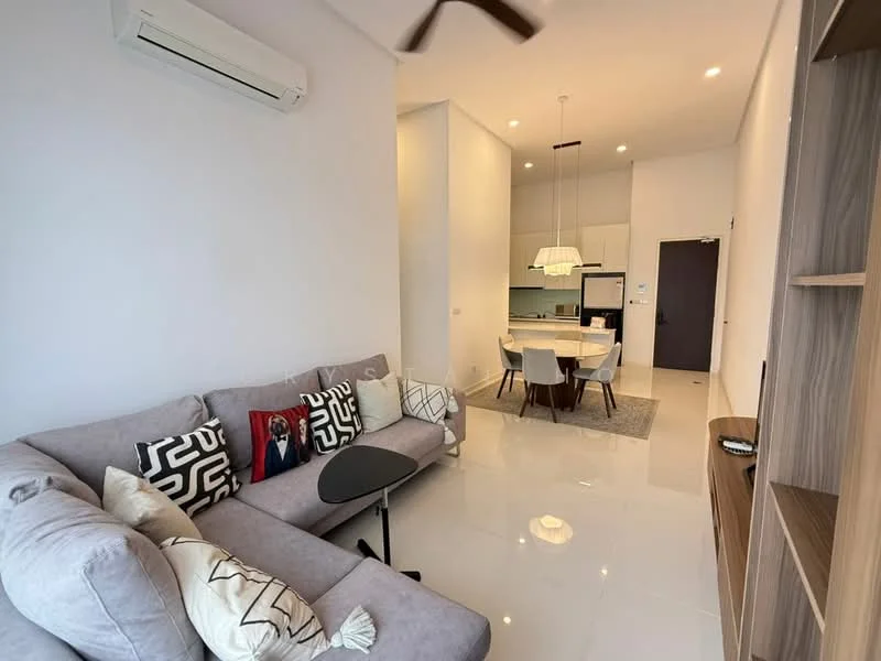 Living features: 3-seater fabric sofa in light grey, decorative cushions, coffee table, wall-mounted TV, built-in shelving unit, white painted walls, recessed downlights, ceiling fan, glossy tile flooring, open layout to dining area, large window for natural light; style: modern. Dining features: round dining table, 4 upholstered dining chairs, pendant light above table, white cabinetry in background, open kitchen layout; style: modern.
