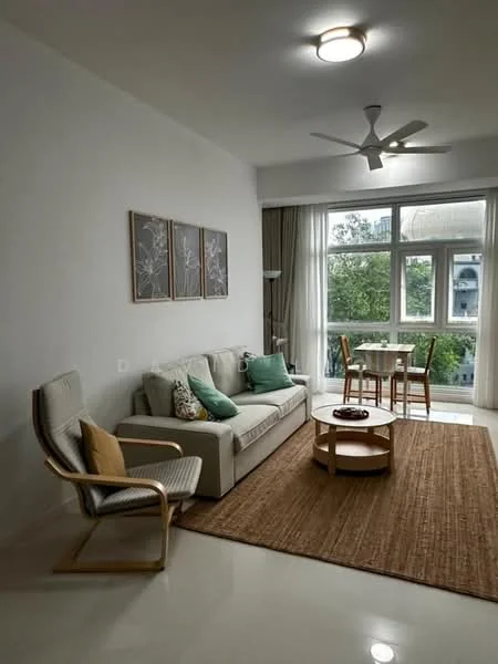 Living features: 3-seater fabric sofa in light grey, decorative cushions in green, wooden coffee table, area rug with natural texture, floor-to-ceiling windows, curtains, ceiling fan with light, wall-mounted artwork, wooden accent chair, dining table for two, greenery view from windows; style: modern; view: garden.