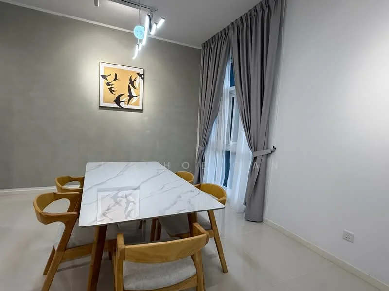 Dining features: marble dining table, 4 wooden dining chairs, grey accent wall, white painted walls, floor-to-ceiling window, sheer curtains, recessed ceiling lights, framed artwork on wall; style: modern.