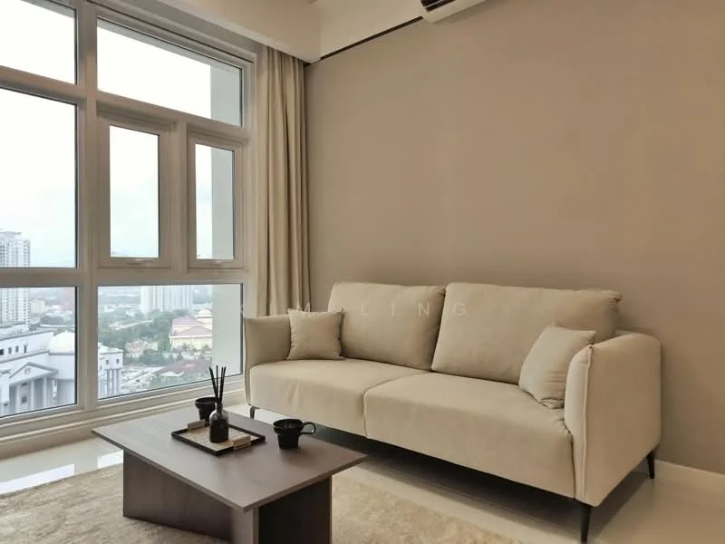 Living features: beige fabric 3-seater sofa, wooden coffee table, floor-to-ceiling windows, sheer curtains, cream painted walls, polished tile flooring, city skyline view, decorative items on coffee table; style: modern; view: city.