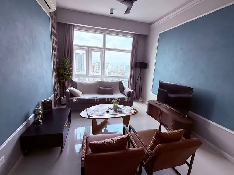 Living features: light grey fabric sofa, wooden coffee table, two brown leather armchairs, wall-mounted TV, floor-to-ceiling windows, grey accent wall, white painted walls, recessed downlights, ceiling fan, decorative plant in pot; style: modern; view: city.