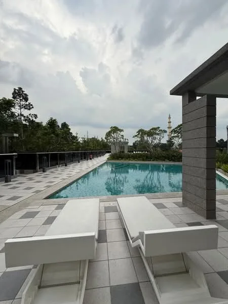 Exterior type: swimming pool deck; features: infinity pool, pool deck with loungers, tiled flooring, landscaped greenery, surrounding trees, city skyline in background; style: modern.