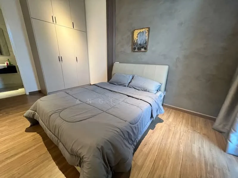 Bedroom features: king-size bed with grey bedding, upholstered headboard, wooden flooring, built-in wardrobe with sliding doors, grey accent wall, decorative artwork on wall, curtains, soft lighting; style: modern.