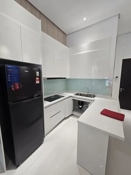 Kitchen features: white glossy cabinetry, black refrigerator, single-bowl stainless-steel sink, chrome pull-down faucet, white countertop, glass backsplash, built-in oven, induction cooktop, under-cabinet lighting, recessed ceiling lights, white tile flooring, open layout, kitchen island, red kitchen towel; style: modern.