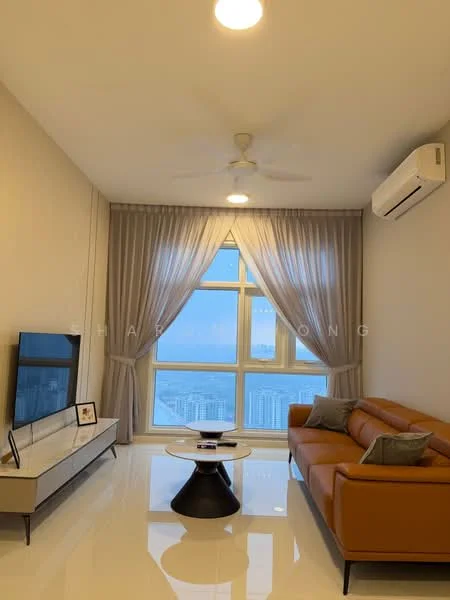 Living features: 3-seater leather sofa in orange, coffee table with round top, wall-mounted TV, TV console with storage, floor-to-ceiling windows, sheer curtains, recessed downlights, ceiling fan, white painted walls, glossy tile flooring, air conditioning unit; style: modern; view: city.