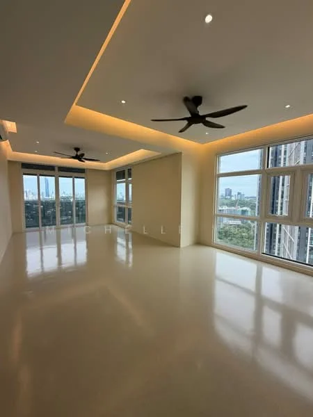 Living features: cream painted walls, polished concrete flooring, tray ceiling with recessed lighting, 2 ceiling fans, floor-to-ceiling windows, city skyline view, LED strip lighting; style: modern; view: city.
