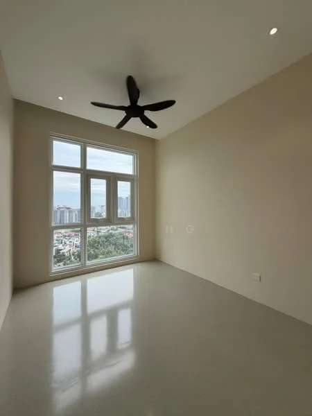Bedroom features: light beige painted walls, polished concrete flooring, 5-blade ceiling fan, floor-to-ceiling windows, city view, natural light from window; style: modern; view: city.
