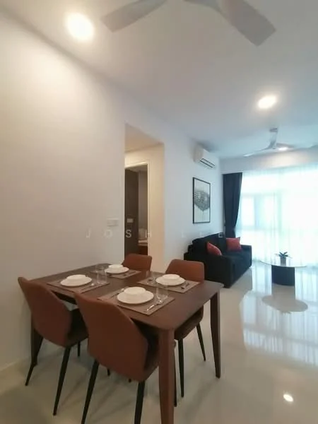 Dining features: 4-seater dining table, brown wooden table, upholstered dining chairs in orange, white plates, cutlery, glassware, pendant light, polished tile flooring, wall-mounted air conditioning unit, floor-to-ceiling windows with sheer curtains, decorative plant in pot; style: modern. Living features: 2-seater fabric sofa in dark grey, red accent cushions, coffee table, wall-mounted artwork, recessed ceiling lights, ceiling fan, polished tile flooring; style: modern.