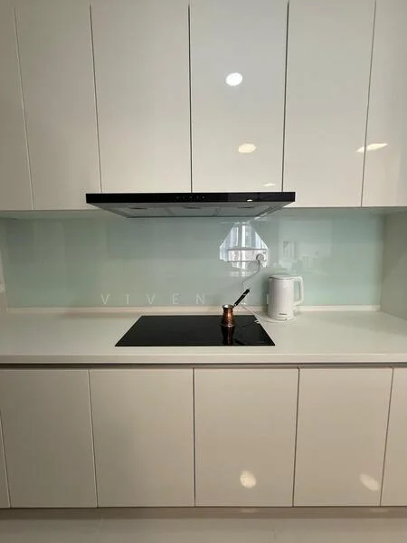 Kitchen features: white high-gloss cabinetry, white quartz countertop, black glass cooktop, built-in range hood, glass backsplash, kettle, coffee pot, recessed downlights, smooth tile flooring; style: modern.